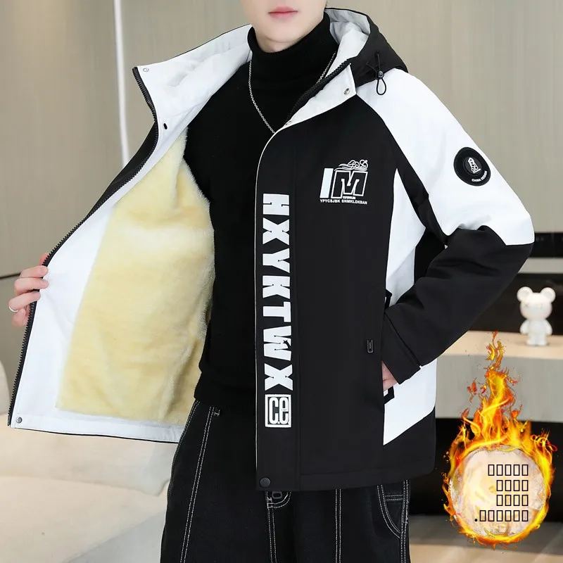 

Men's Fce Lined Thiened Autumn Winter Workwear Jaet Loose Fit Hooded Coat Youth Warm Windproof Cotton Clothes