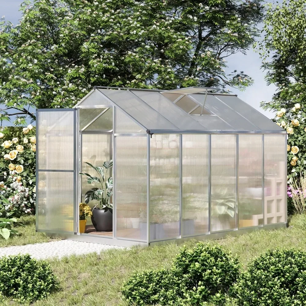 

10' X 6' Greenhouse with Rain Gutter and Roof Vent, Aluminum Walk-in Green Houses, Outdoor Polycarbonate Greenhouse