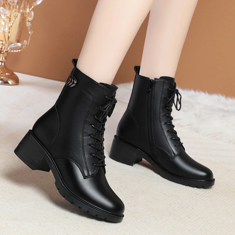 Autumn Winter Women Thick Heel Soft Leather Boots Thick Wool Warm High-heeled Boot Velvet Warm Snow Short Boots