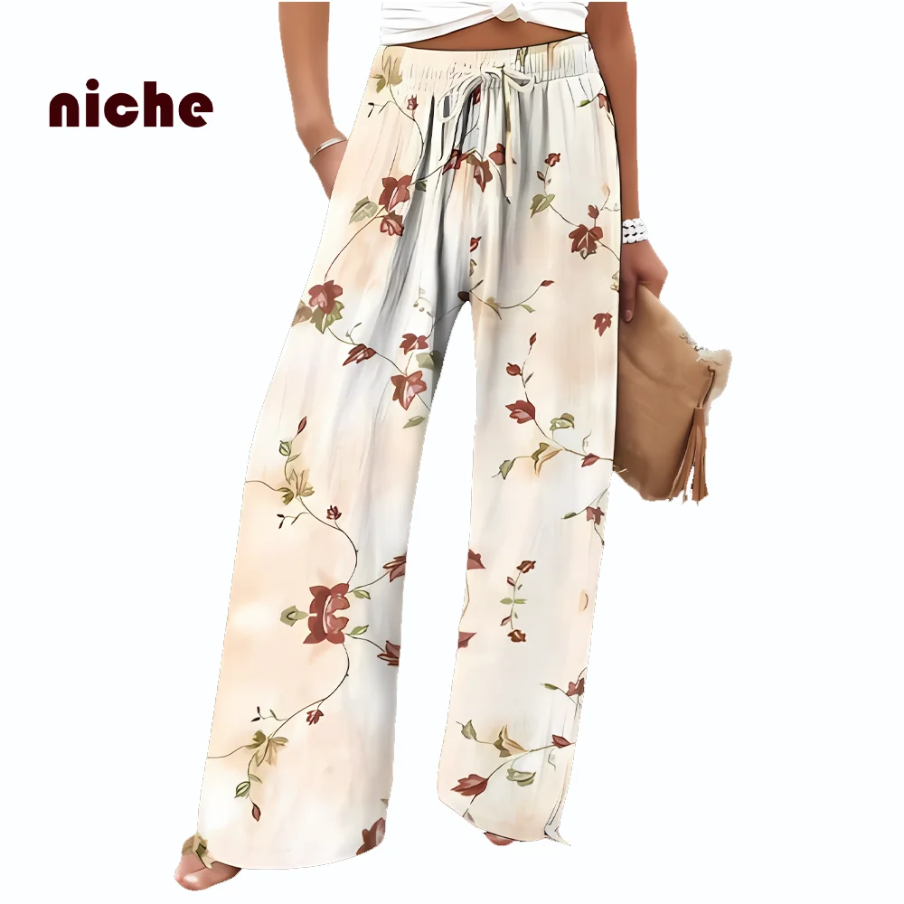 Pure Cotton Beach Pants for Women, Fresh Flower Printing, Loose High Quality, Designer Fashion, Street Wide Leg Pants