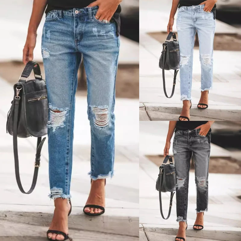 

High-Waisted Slim Jeans Women Casual Ripped Denim Jeans Spring Autumn Non-elasticated Trousers 1/2Pcs Fashion Essentials Pant