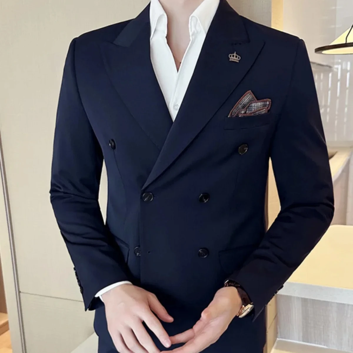 Korean Slim Fitt Double Breasted Blazer Jacket Men Clothing 2023 Autumn Casual Business Blazers Office Social Wedding Dress Coat