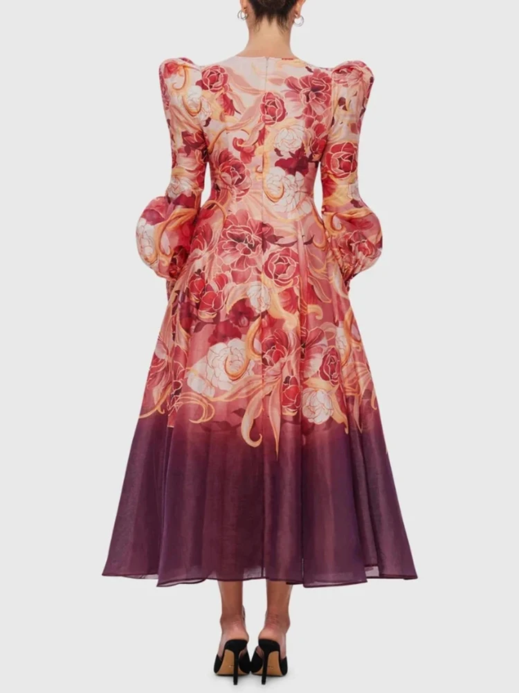 VGH Vintage Hit Color Floral Printing Dresses For Women V Neck Lantern Sleeve High Waist Temperament Formal Dress Female Style