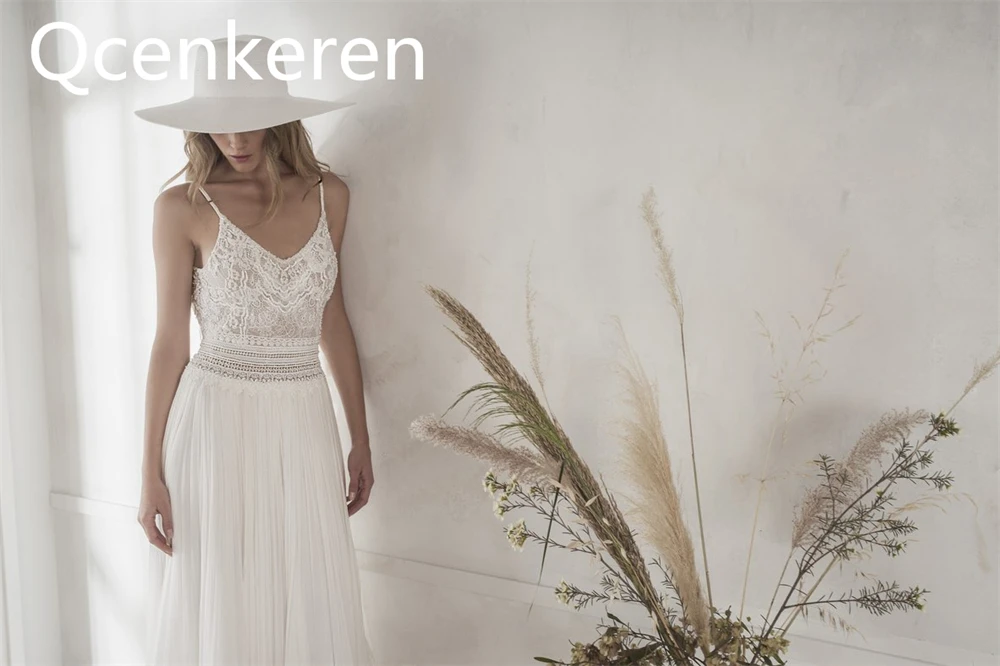 Qcenkeren-Robe de Mariée en Mousseline de Soie pour Femme, Sous-Vêtement en Dentelle, Forme Trapèze, Style Boho, pour la raq en V