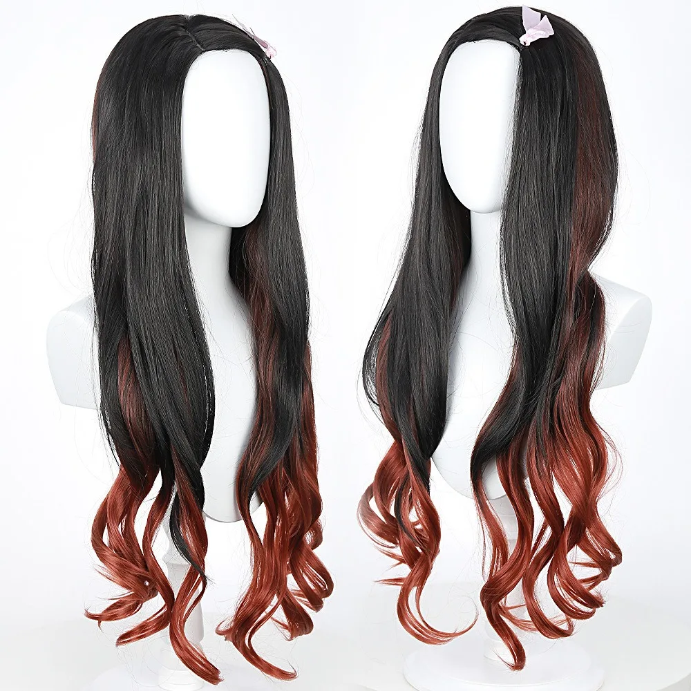 Demon slayer lâmina fogão porta você feijão peruca cosplay preto gradiente laranja longo cabelo encaracolado cor bloqueada anime cos peruca