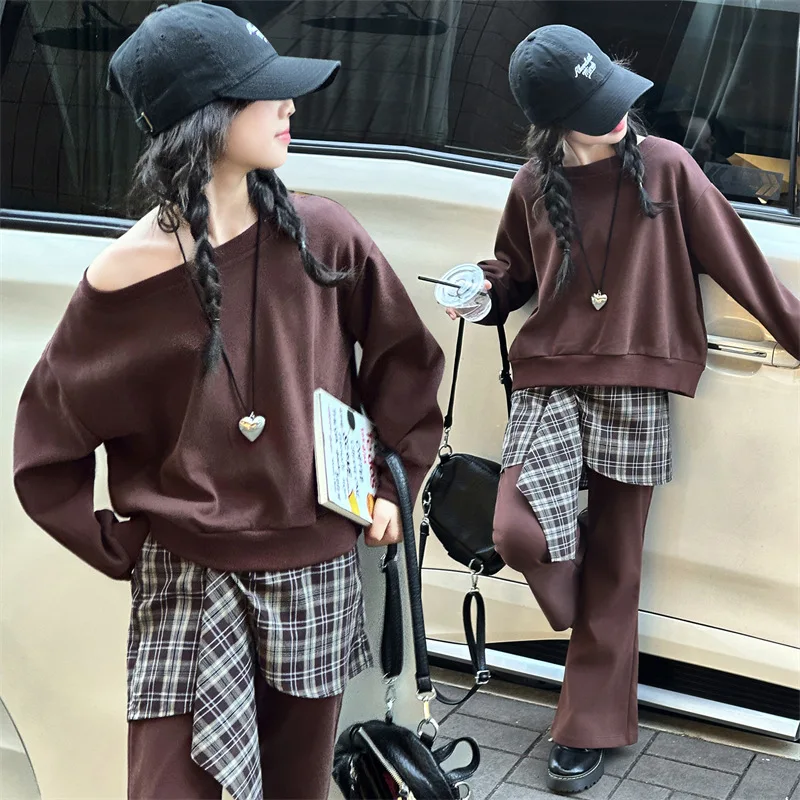 

Spring Autumn Girls Clothes Sets Children Casual Sports Suits Kids Stylish Sweatshirt+Plaid Curtain Wide Leg Pants 2Pcs Outfits