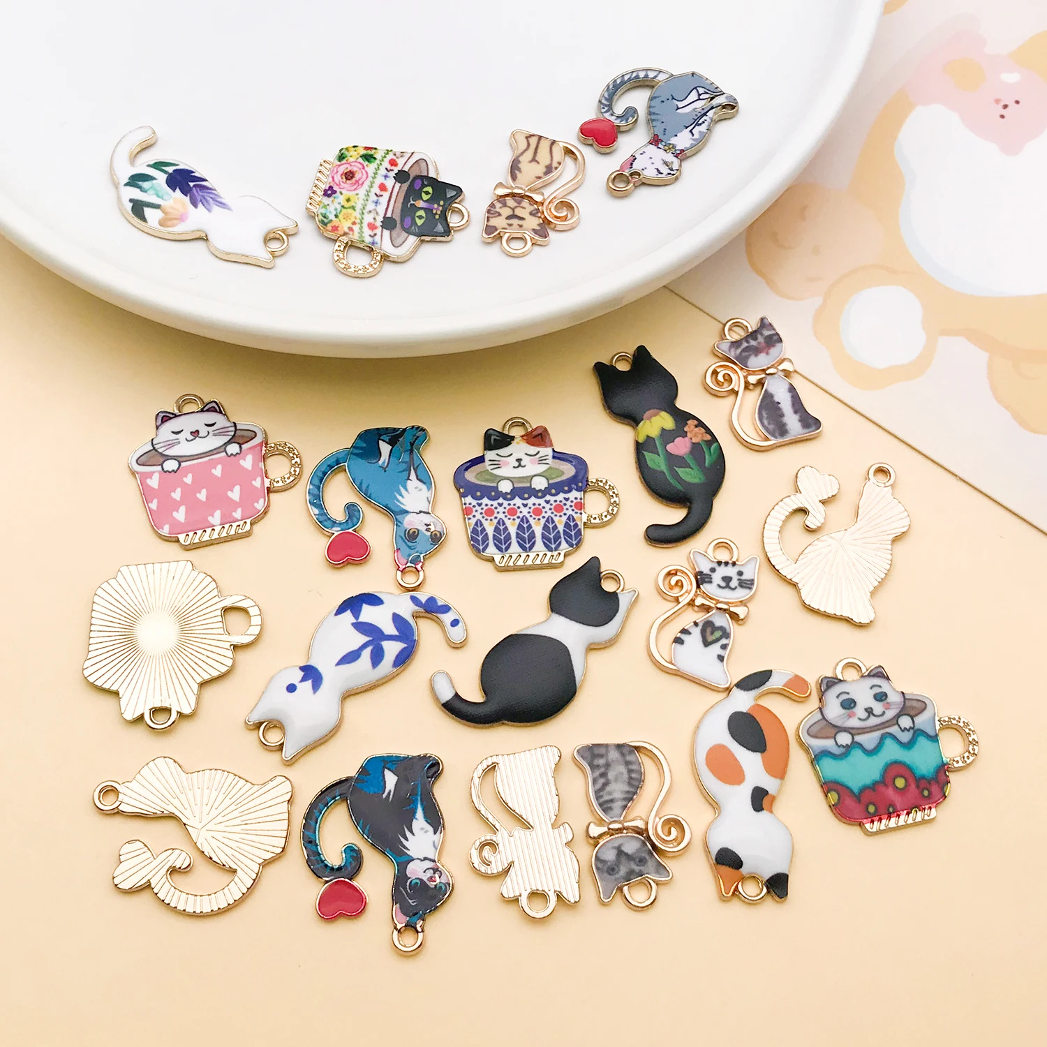 20pcs Cute Printed Cat Charms for DIY Jewelry Making