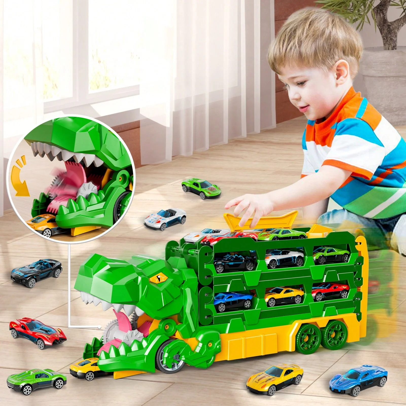 STEM Educational Toy: Dinosaur Truck & Track Set with 12 Alloy Cars | Super Long Raceway & Garage for Toddlers Boys Age 3-8 | De