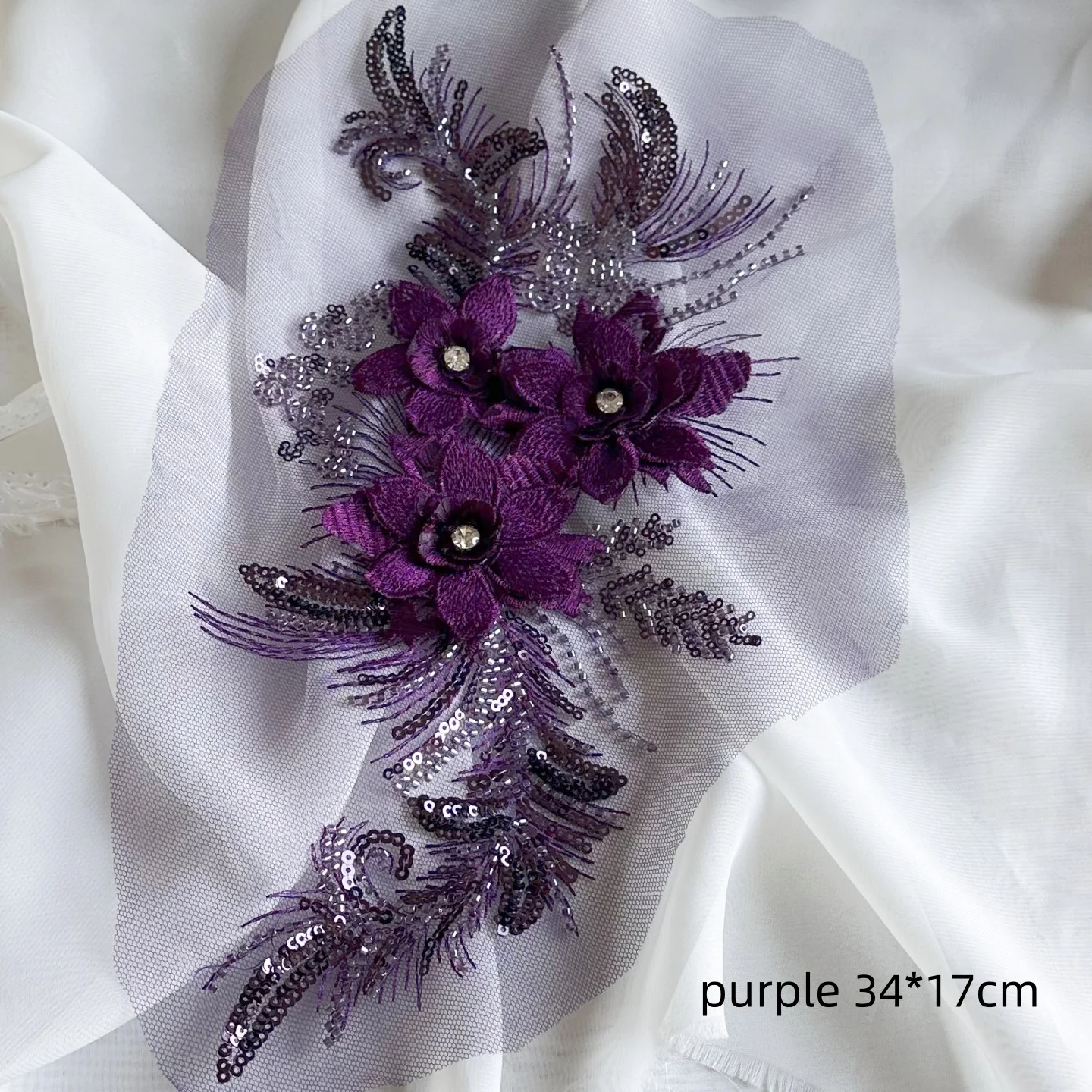 1Pcs 3D Purple Flower Sequin Beaded Embroidery Patch Mesh Fabric African Lace Applique Sew Wedding Dress Clothes Decoration Diy