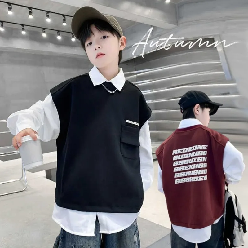 

Модное платье-рубашка для мальчиков + жилет, 2 предмета, детские блузки с длинными рукавами, весенне-осенняя повседневная одежда для подростков, От 4 до 14 лет