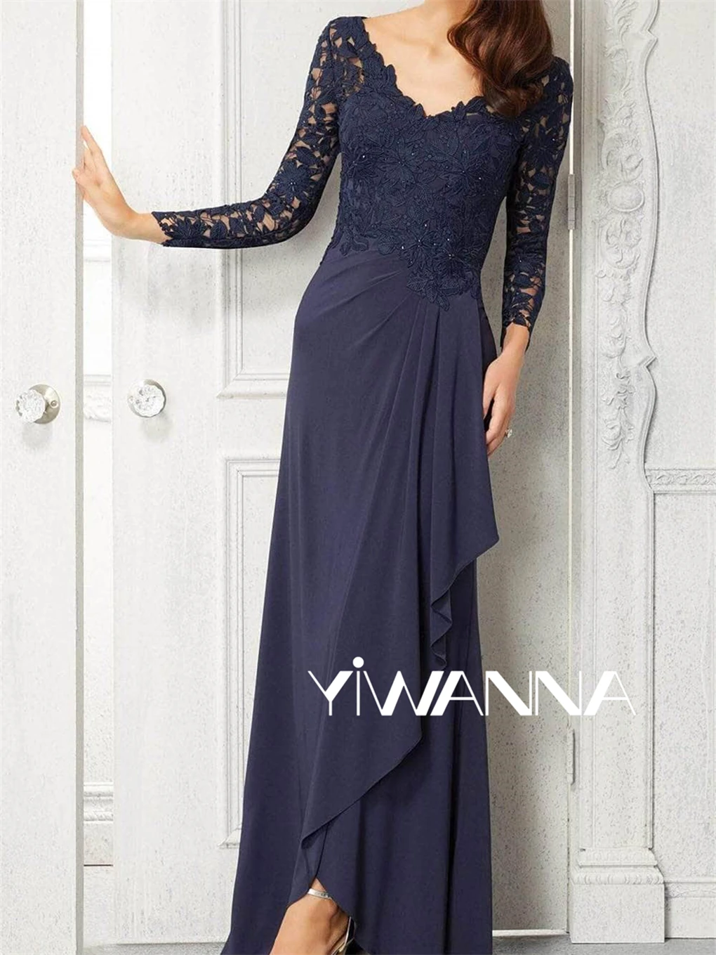 

Lace Long Sleeve Sheath Evening Dress Wedding Party Dress Chiffon Pleated Elegant Mother Of The Bride Dresses For Weddings