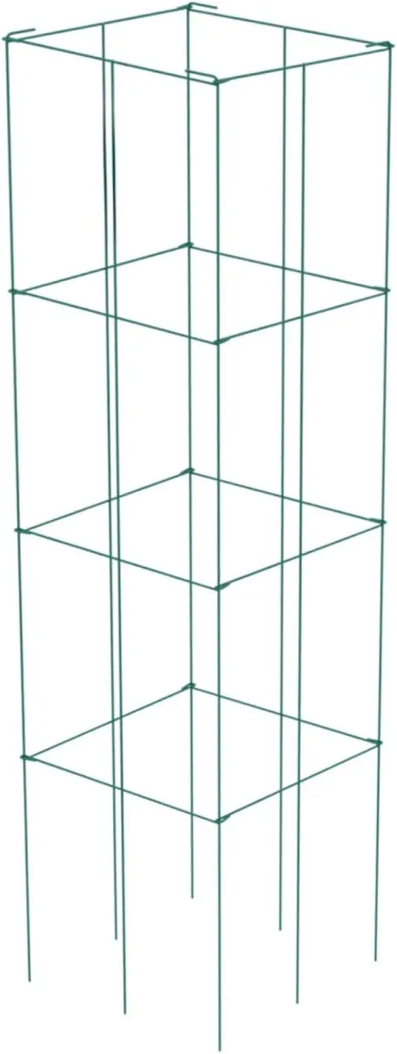 6 Pieces Tomato Cages with Green PVC-Coated Steel Frame and Ground Stakes for Growing Vegetables, Outdoor 3 Tier Square Plant Su