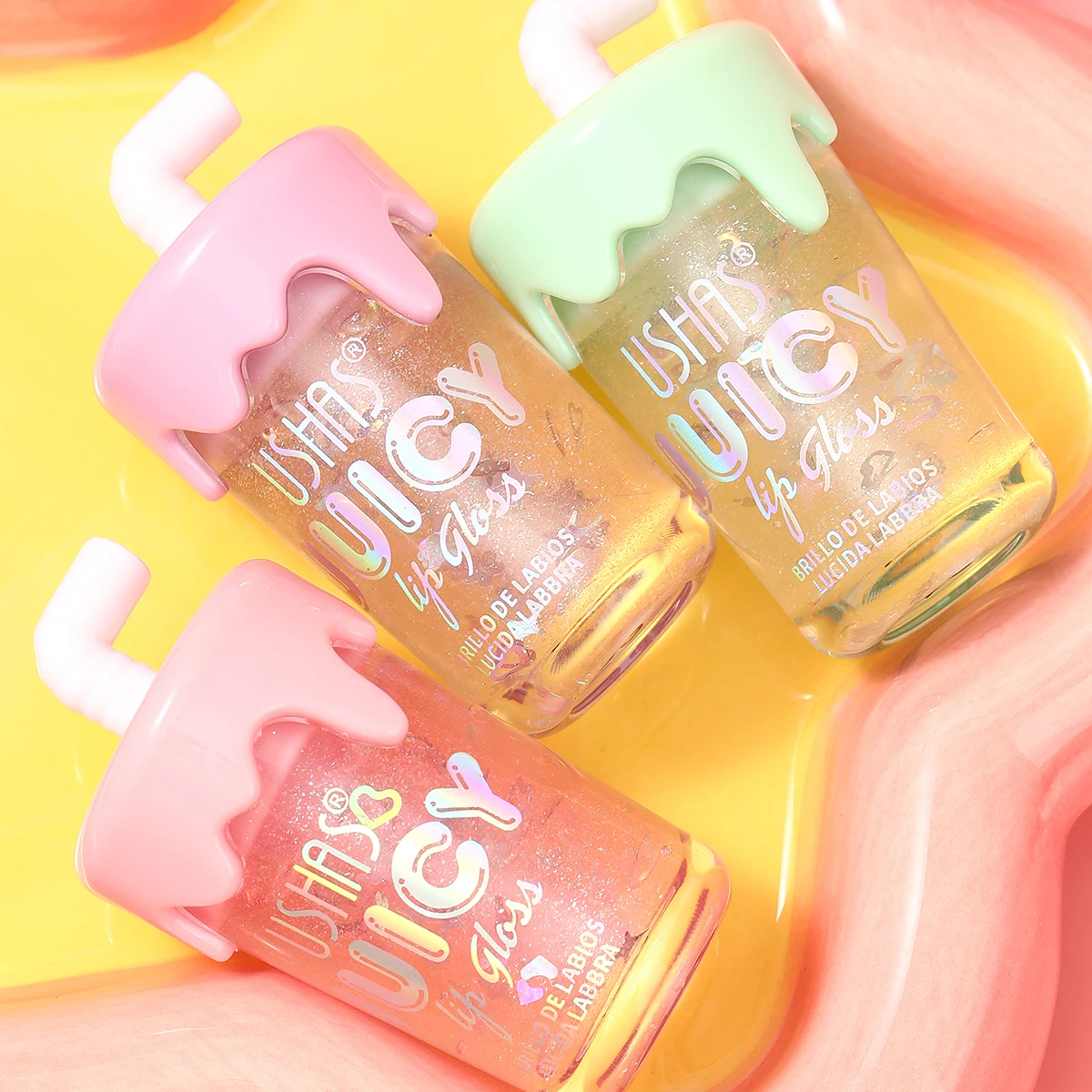 3個入り、USHAS、キュートなデザイン、フルーツリップオイル、透明感のあるツヤのある保湿リップケア化粧品、栄養のあるジェリーリップカラー