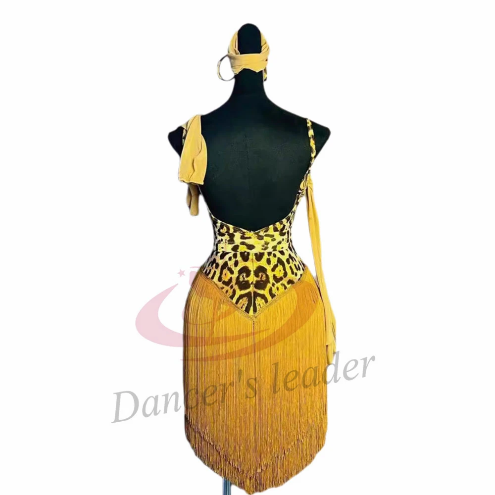Robe de danseuse latine pour enfants et adultes, haut de gamme, personnalisé, imprimé léopard, bretelles, pompon, strass Samba, robe de spectacle