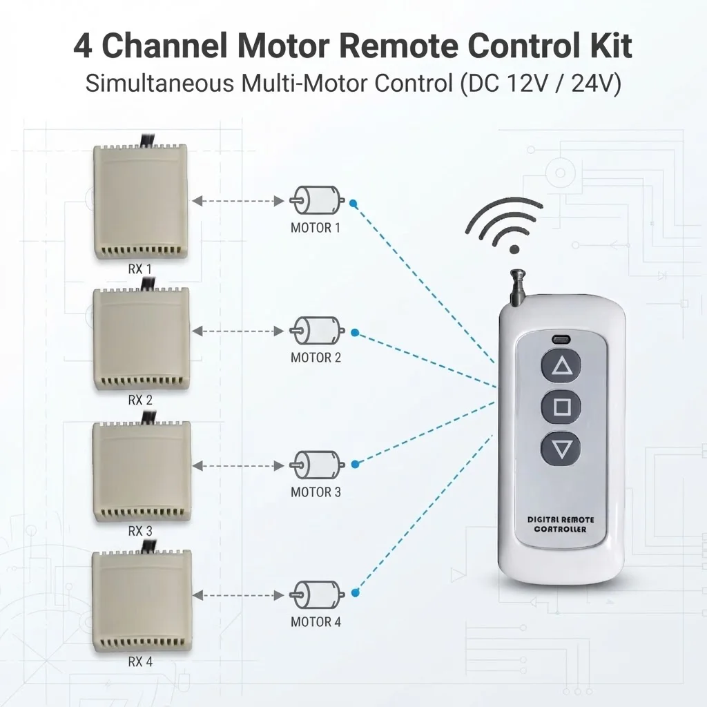 4 Channel Motor Remote Control Kit DC 12V 24V Wireless Controller with 4 Receivers Simultaneous Start Stop for DIY Automation