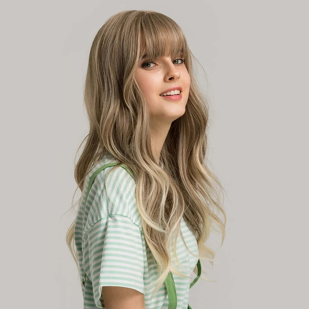 ALAN EATON Ombre Black Brown Blonde Long Wavy Hair Wigs with Bangs Cosplay Daily Synthetic Wigs for Women Heat Resistant Fibre