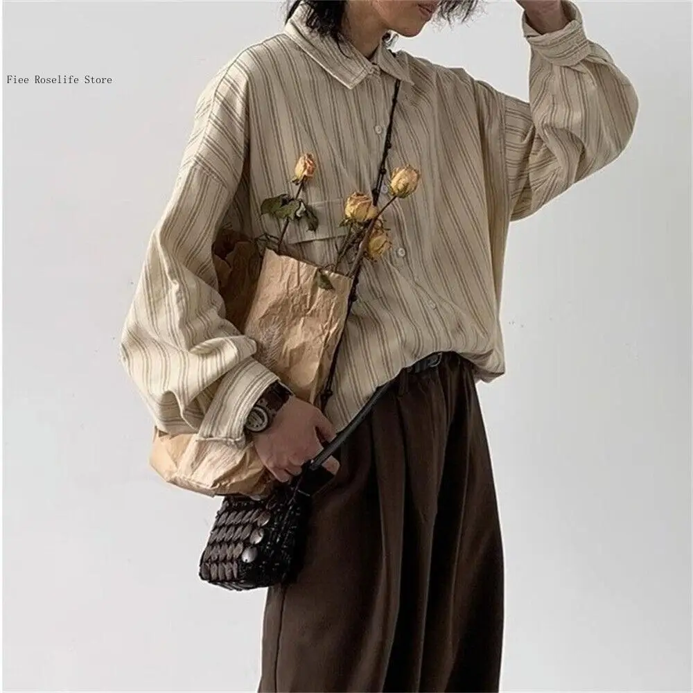 Spring and Autumn Japanese Retro Loose Casual Fine Striped Long Sleeve Shirt College Style for Men and Women