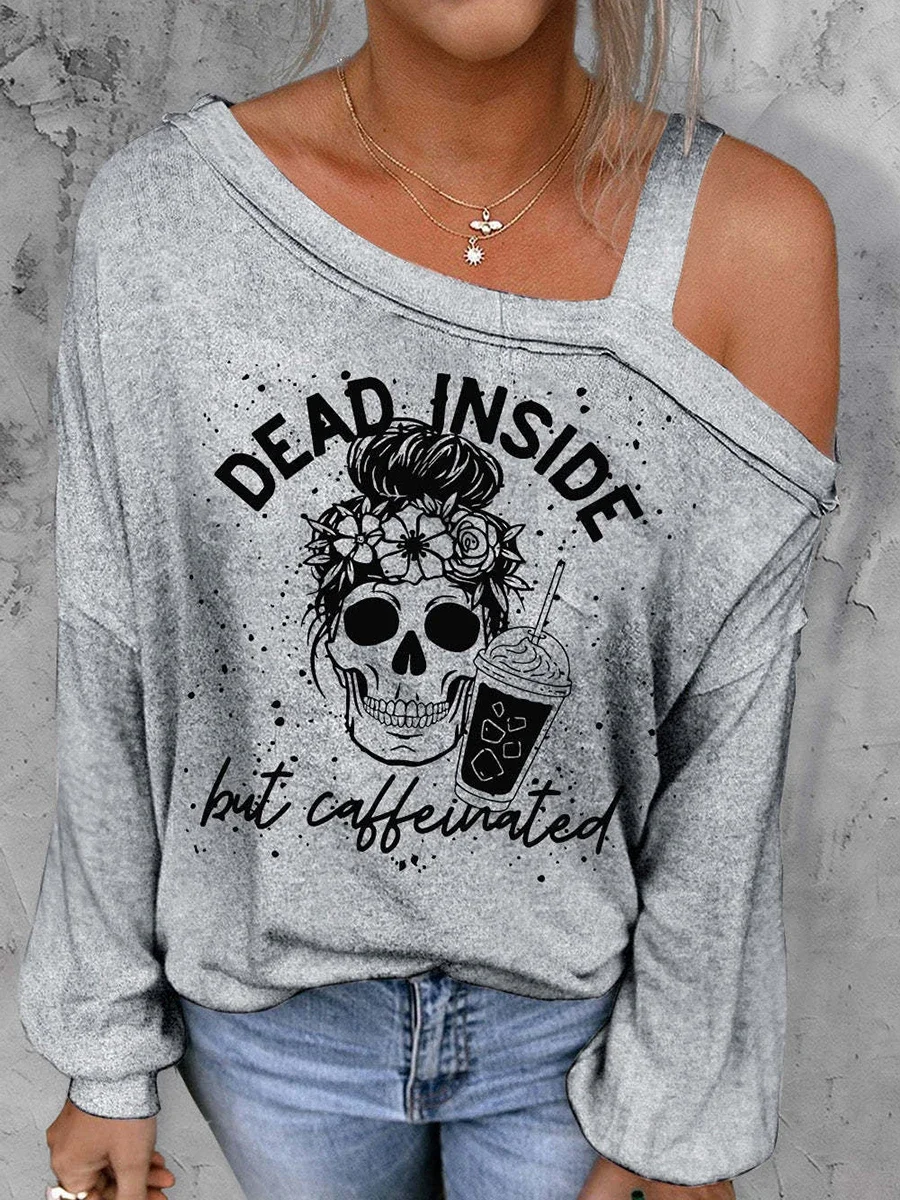 Women Funny Skull Print Loose Drop Shoulder Long Sleeve Tops Plus Size Asymmetrical Off Shoulder Pullover Fashion Chic Outfits