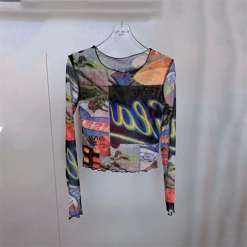 

Hottie Round Neck Long Sleeved T-shirt Women Summer Net Yarn New Printing Temperament Slim Abstract Affordable Short Undershirt