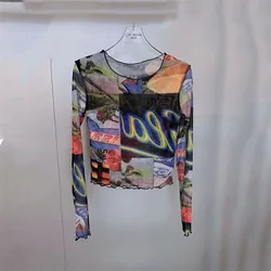 Hottie Ronde Hals Lange Mouwen T-shirt Vrouwen Zomer Netto Garen Nieuwe Afdrukken Temperament Slanke Abstracte Betaalbare Korte Hemd