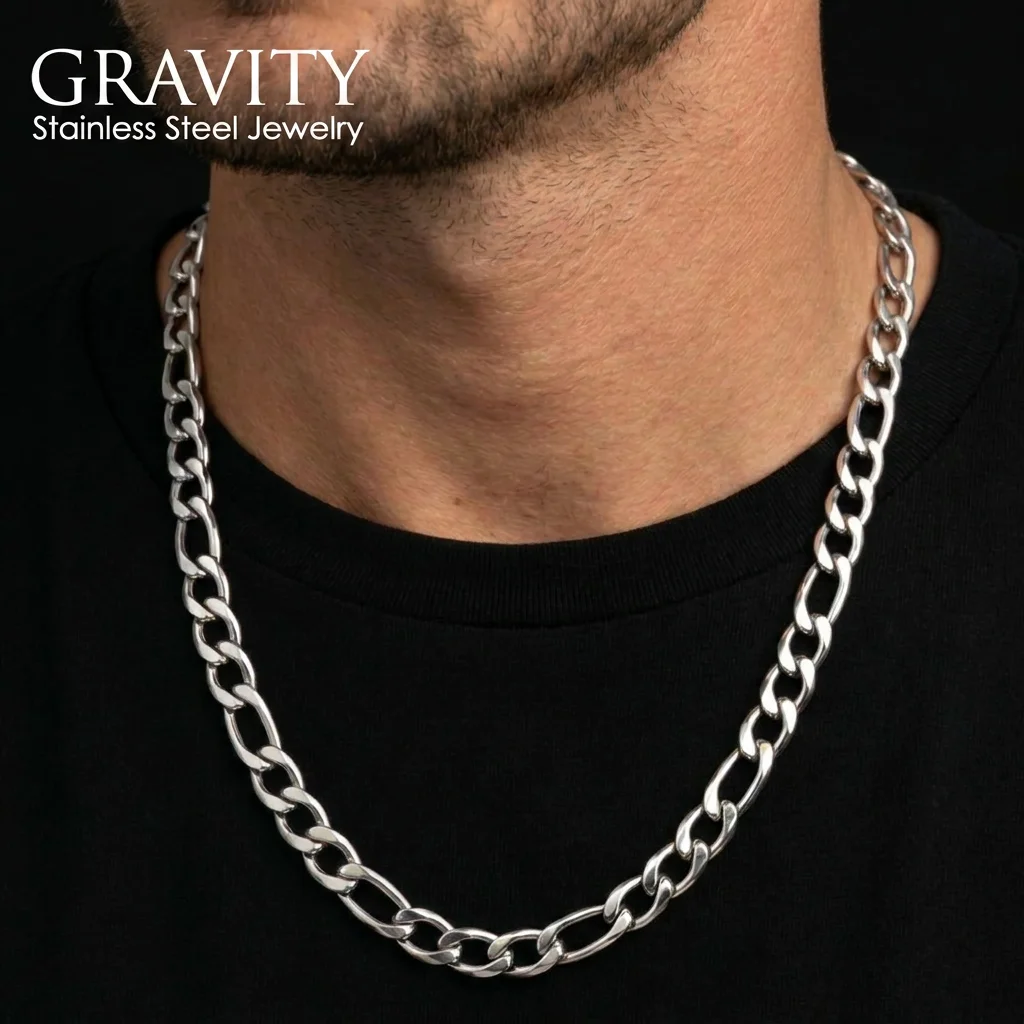 Necklace for man Stainless Steel Figaro Chain 58cm, Non-Tarnish NK 3:1 Link Necklace, Waterproof Minimalist Hip Hop Jewelry