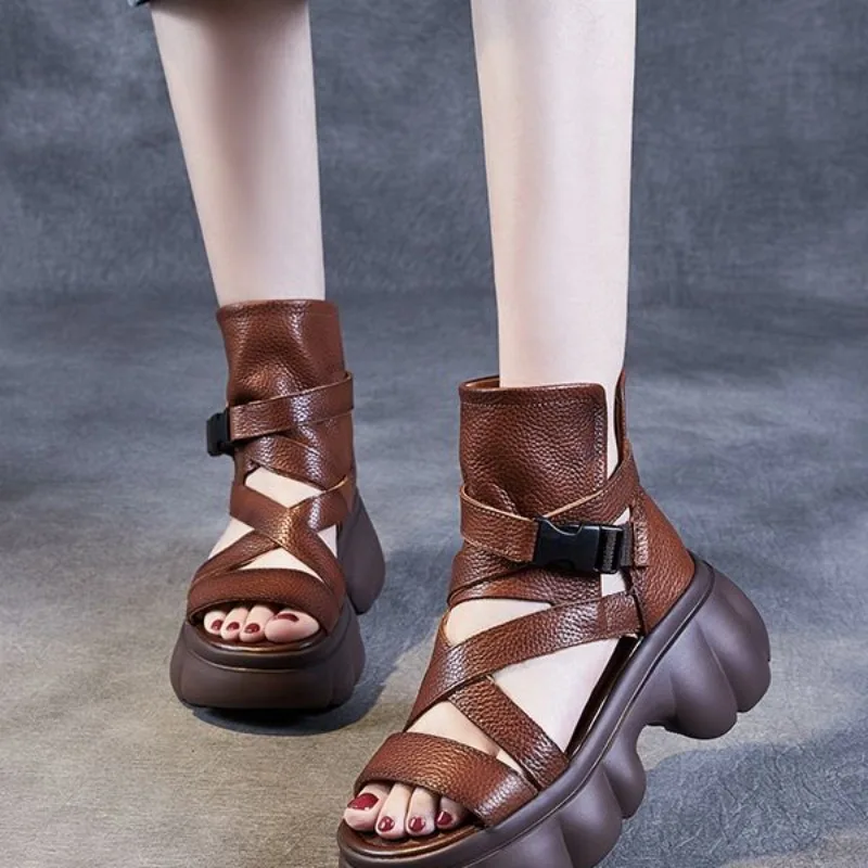

Open-toe Soft-soled Roman Sandals for Women, Thick-soled Retro 2025 Summer New Style High-top Fashionable Cool Boots for Women