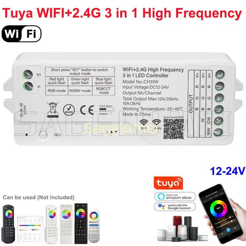 DC12-24V CH21W 2.4GHzRF/WIFI High Frequency 2in1/3in1 Smart Tuya LED Controller For Single/Dual color RGB RGBW RGBCCT LED Strip