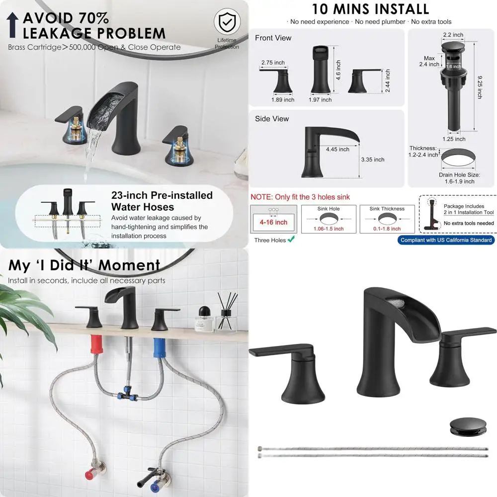 

8 3-Hole Matte Black Bathroom Sink Faucet with Waterfall Spout, Pop-Up Drain, and Brass Construction