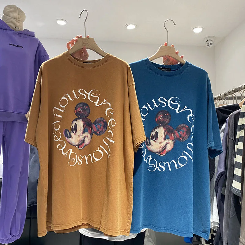 

Korean Loose Oversized T Shirt Pure Cotton Mickey Cartoon Letter Short Sleeved T Shirt Women Summer New Versatile Harajuku Tops