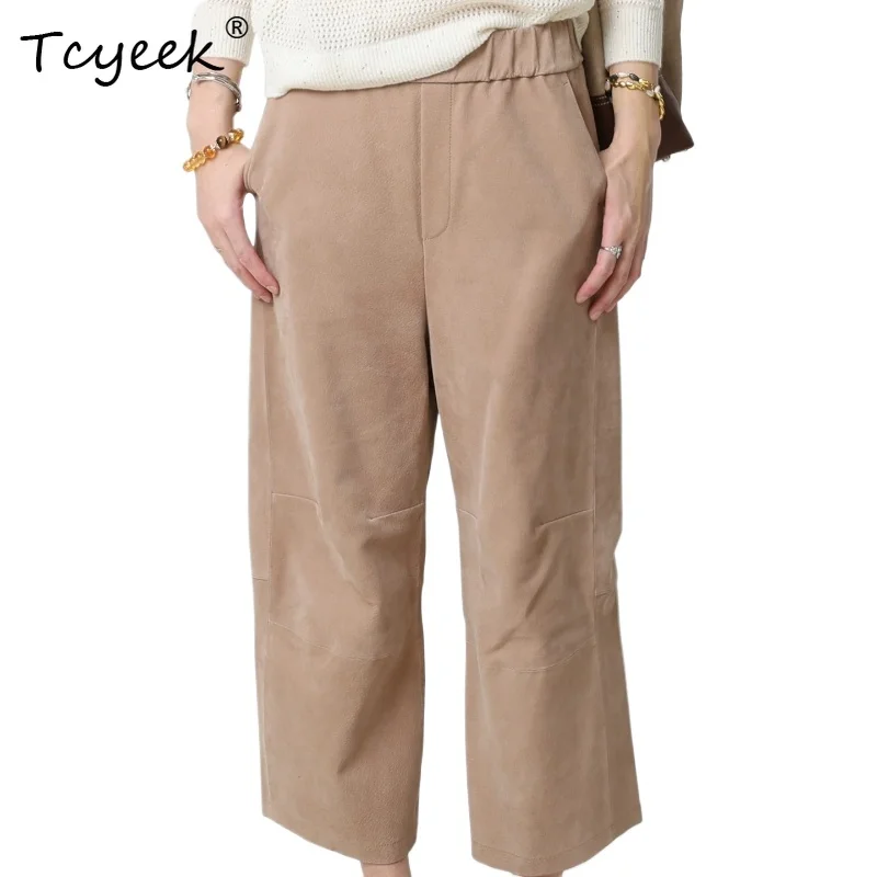 Tcyeek Real Sheepskin Pants for Women 2026 Cozy Leather Women's Clothes High Quality Casual Pants Elastic Waist Trousers Брюки