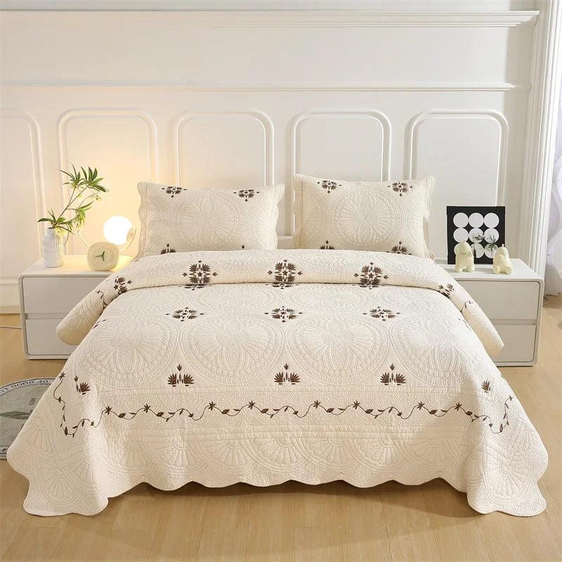 AI WINSURE-Vintage Cotton Bedpsread, Queen Double Bed, Embroidered Coverlets with 2 Pillowcases, Soft and Breathable 3pcs