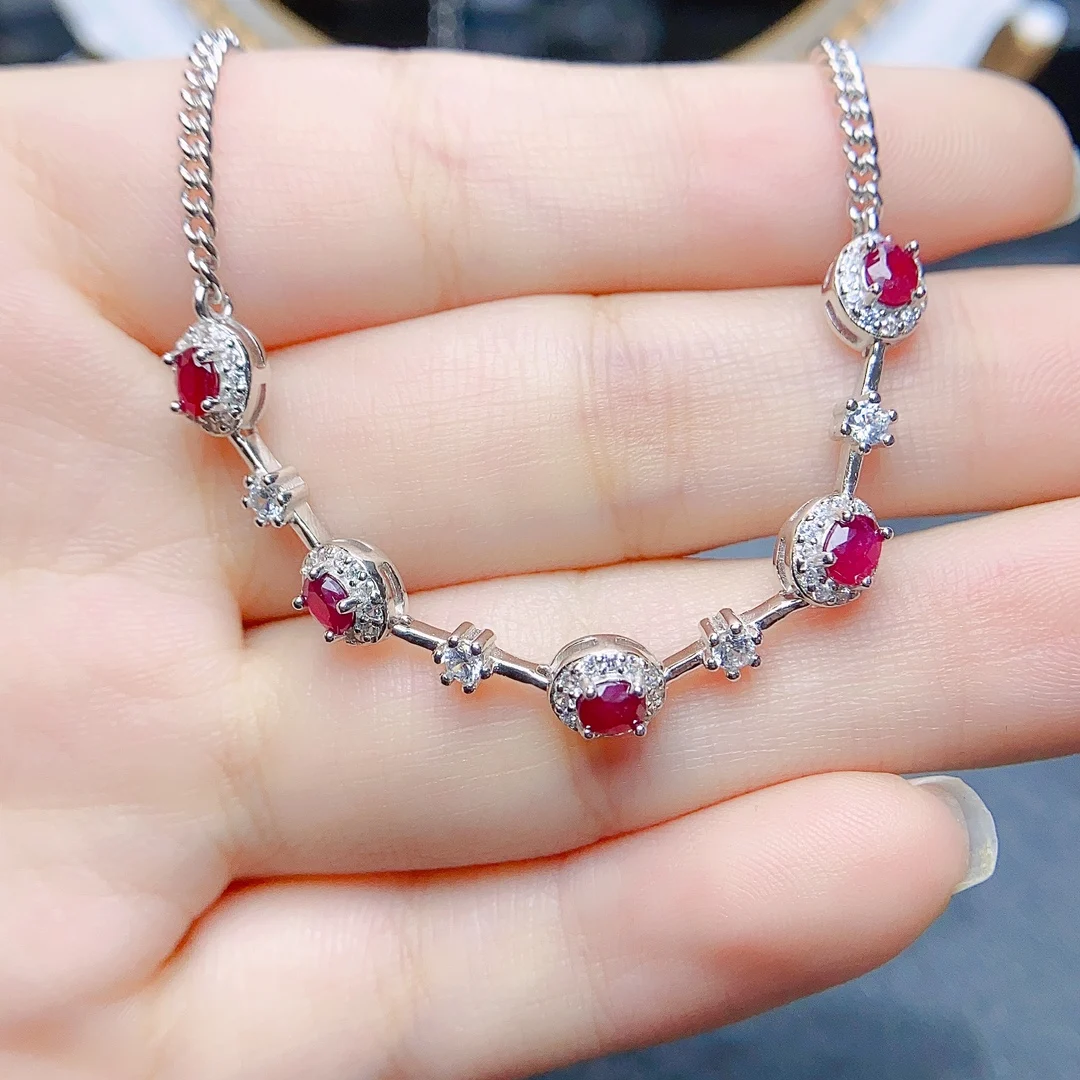 

FS Real S925 Sterling Silver Inlay 3*4mm Natural Ruby Fine Luxury Weddings Jewelry Certificate Bracelet for Women Charm MeiBaPJ