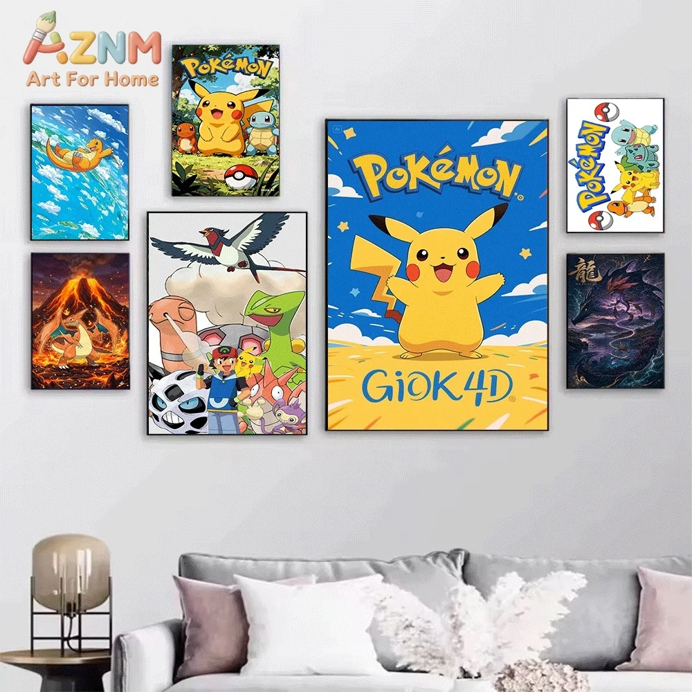 Anime Pokemon Pikachu Electric Thunder Effect Canvas Wall Art, Popular Cartoon Character Frameless Canvas Painting for Kids Be