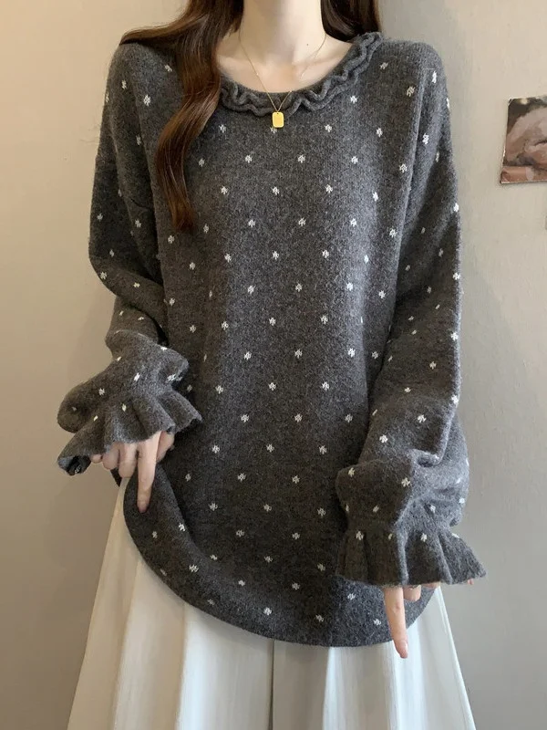 

ay Polka Dot Wooden Bell Sve Knitted Sweater Women's Large Size Autumn Winter Faion Trend Middle Length Top