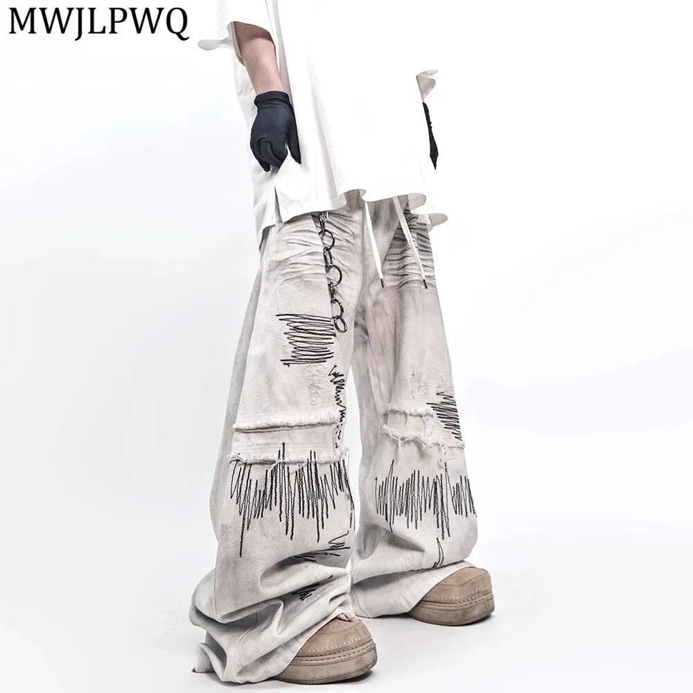 

MWJLPWQ Graffiti Trendy Distress Machete Jeans High Street Loose Wide-leg Floor-length Pants Men Autumn Casual Bottom 11616