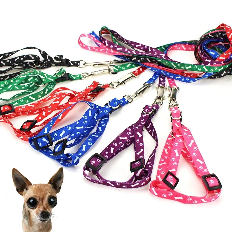 Dog Leash Chihuahua Harness Leash for Small Dog Adjustable Walking Puppy Accessories Pet Dog Bone Printing Harness Leash Set