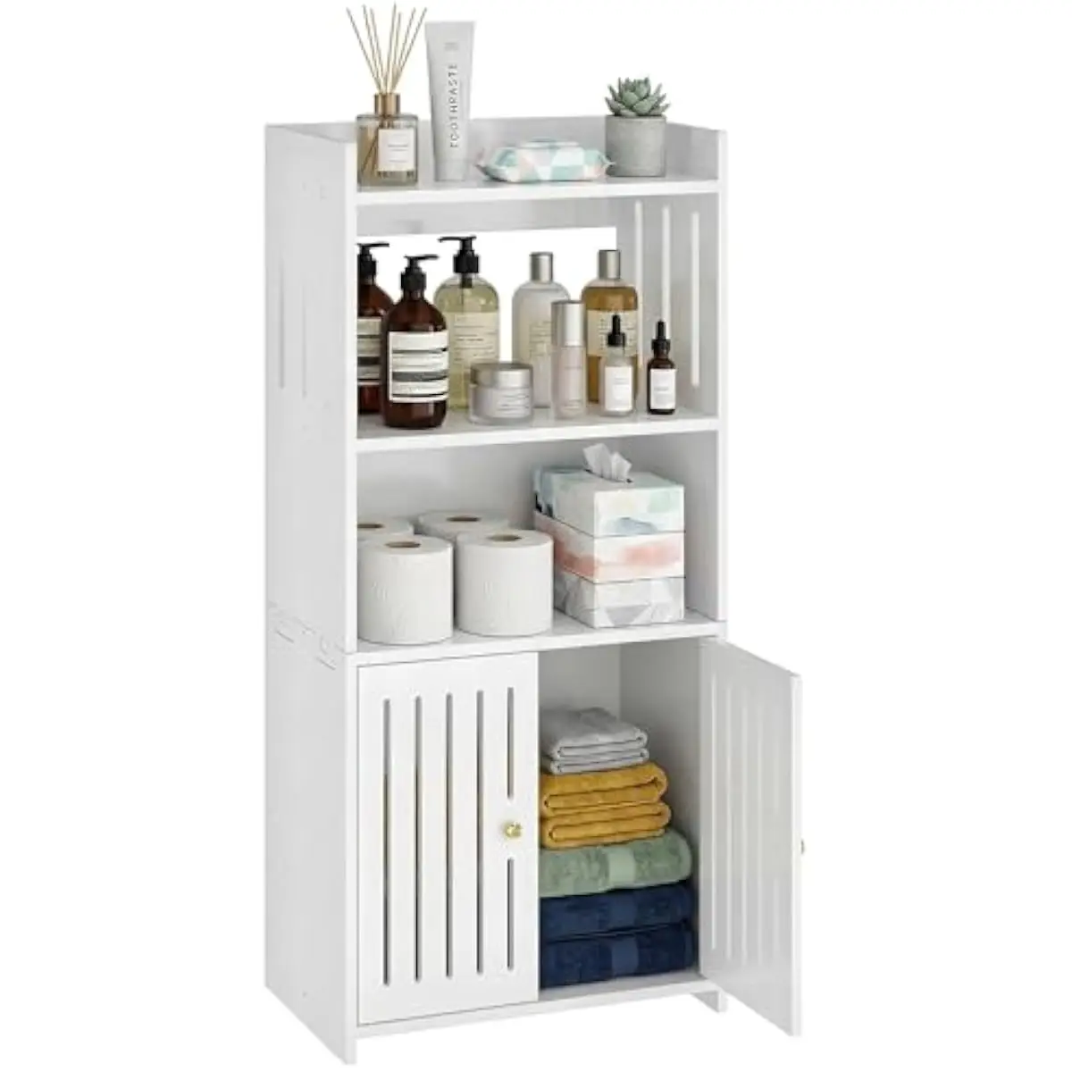 4-tier freestanding bathroom organizer with waterproof PVC construction 8.7 inch depth 14.2 inch width 29.5 inch height elegant