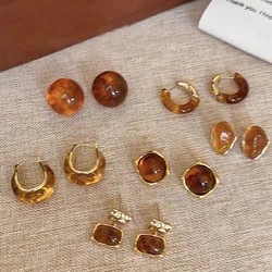 PANJBJ 925 Sterling Silver Crystal Amber Earring for Women Girl Retro Geometry Irregular Jewelry Party Gift Dropshipping