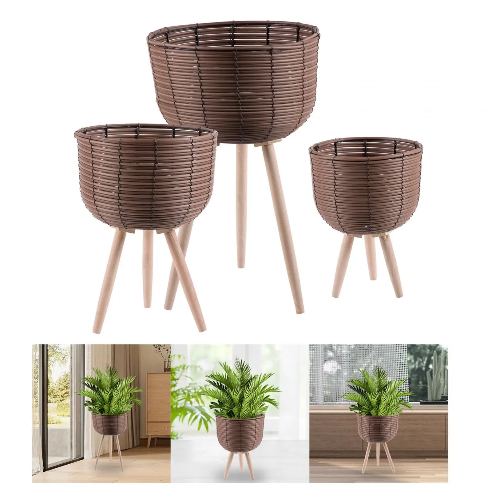 3 Pieces PP Woven Rattan Plant Pot Stand with Wooden Legs for Home Office