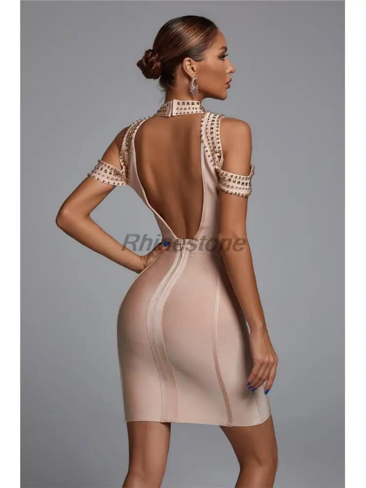 Champagner exquisite Perlen Niet sexy schulter freie rücken freie Bandage Party Bankett Kleid