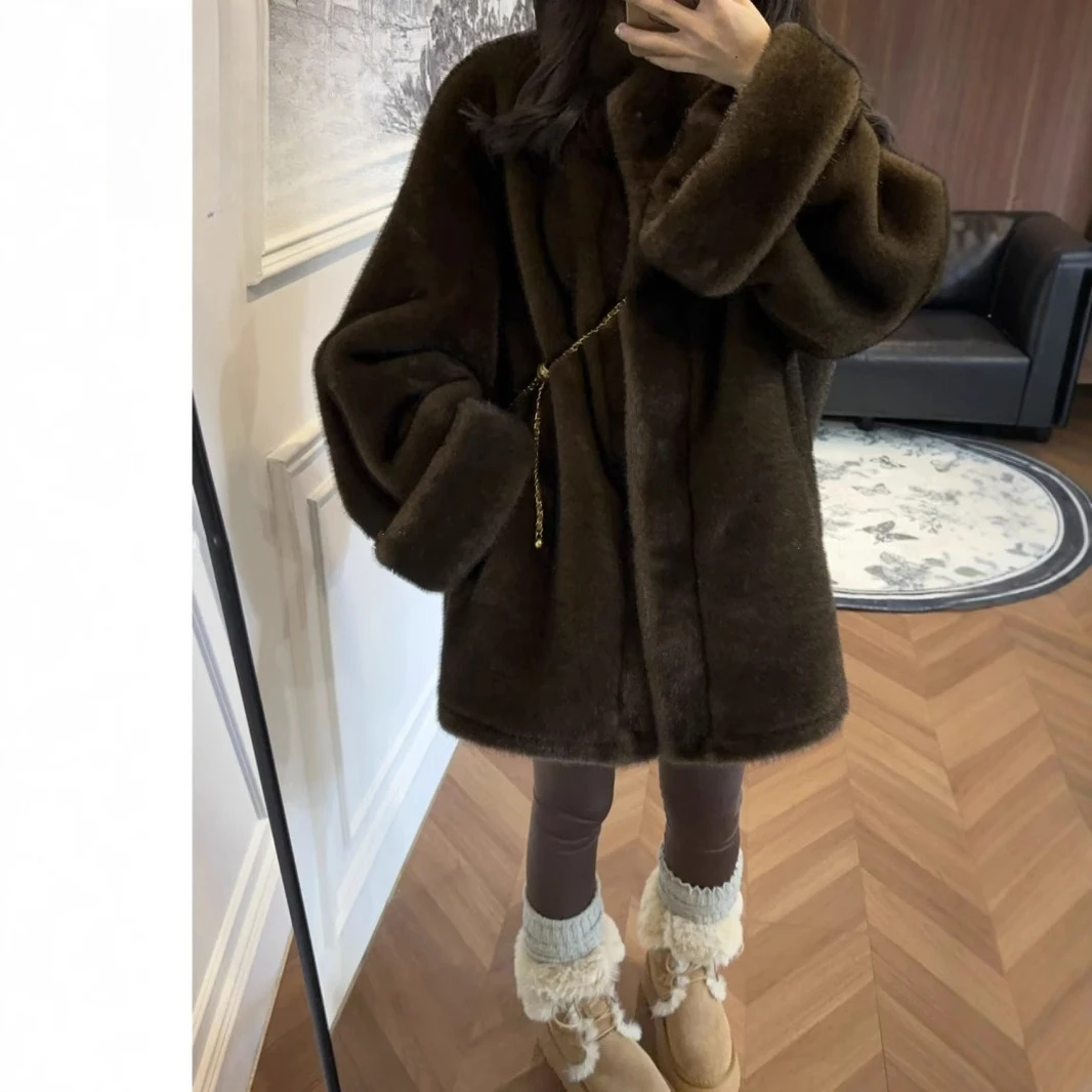 Winter Dames Mid Lange Losse Faux Nertsen Bont Jas Leer en Bont Stand Pluche Jas Lange Mouw Warme Pluizige Jassen Harige Overjas