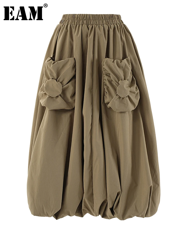 [EAM] Vita alta elastica Khaki Tasca a forma di A-line Casual Gonna a metà corpo Donna Moda Marea Nuova Primavera Autunno 2026 CPG2082