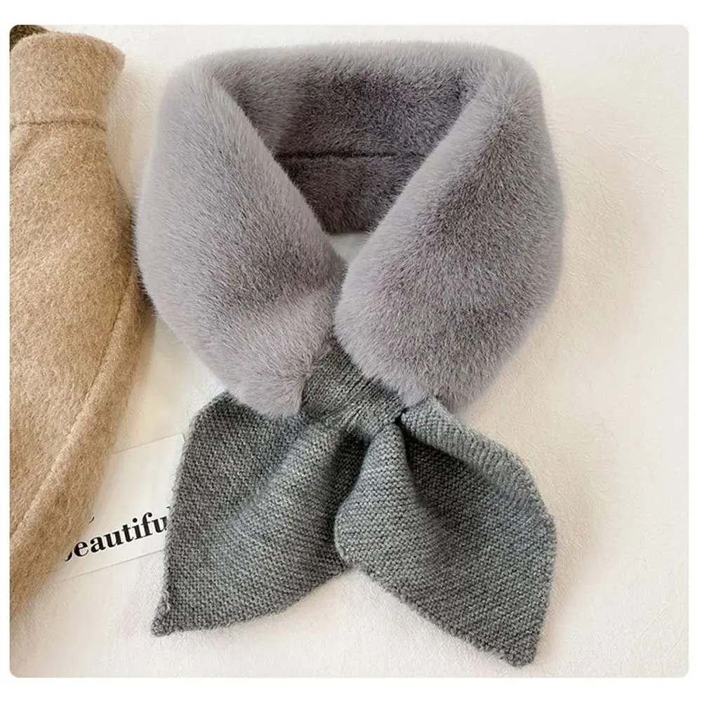 Korean Women Knitted Wool Warm Scarf Autumn Winter Faux Fur Rabbit Thicken Windproof Cross Fake Neck Guard Scarves