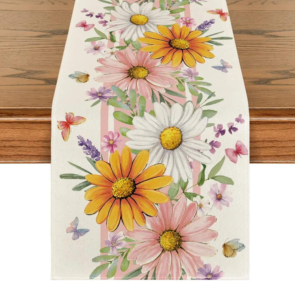 

Pink Daisy Leaves Spring Table Runner, Seasonal Summer Kitchen Dining Table Decoration for Home Party Decor