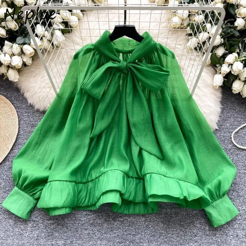 Vintage Light Ripe Wind ขั้นสูงเสื้อชีฟองพัฟเสื้อ \ \ \ \ \ \ \ \ \ \ \ \ \ \ \ Bow หลวมตาข่าย Elegant เสื้อ Office Lady เกาหลี Blusas