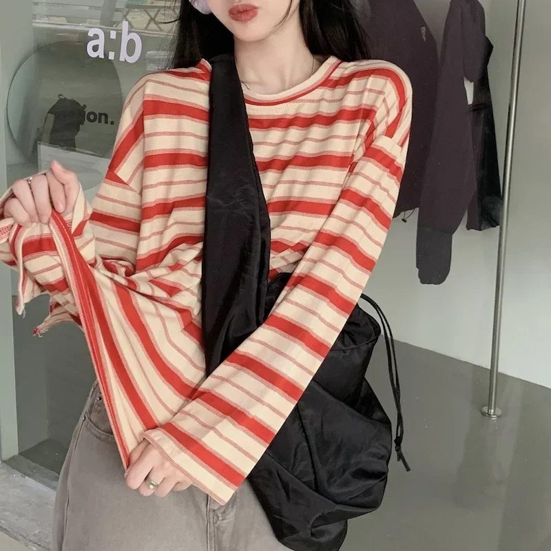 Spring Autumn Women T-shirts harajuku stripe Long Sleeve Preppy Style O Neck Fashion Casual oversized Stripe y2k Tops streetwear