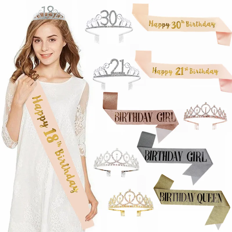 

Birthday Party Satin Sash with Crystal Crown 18 21 30 40 50 Rose Gold Satin Sash Silver Crown Adult Happy Birthday Decoration 8z