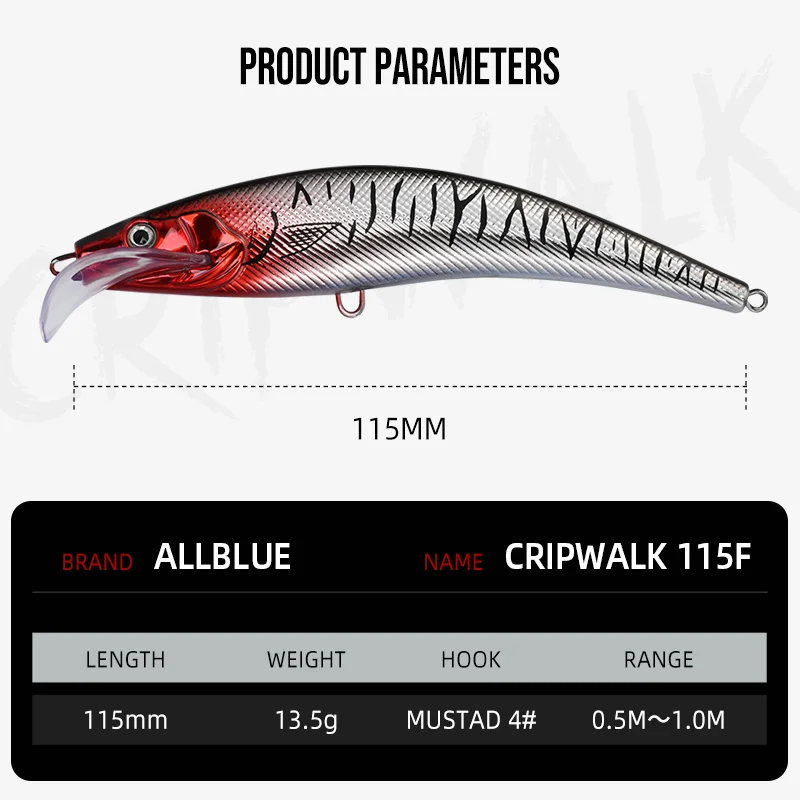 ALLBLUE CRIPWALK Trolling Fishing Lure Wobbler 115MM 13.5G Floating Crankbait Minnow Depth 0.5-1M Bass Pike Bait Fishing Tackle