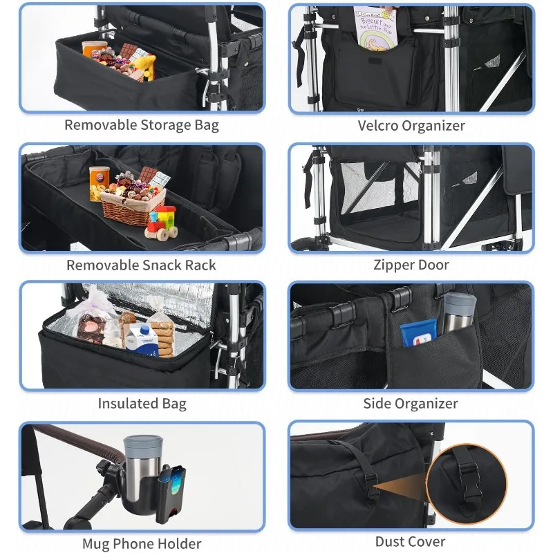 Kinderwagen für 2 Kinderwagen mit 2 hohen Sitzen und 5-Punkt-Geschirre, faltbarer Push-Pull-Stangenwagen, Kinderwagen für den Garten