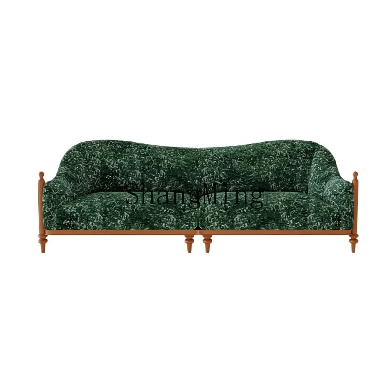 FG good-looking  retro solid wood sofa living room straight row small apartment four people green fabric sofa antique style